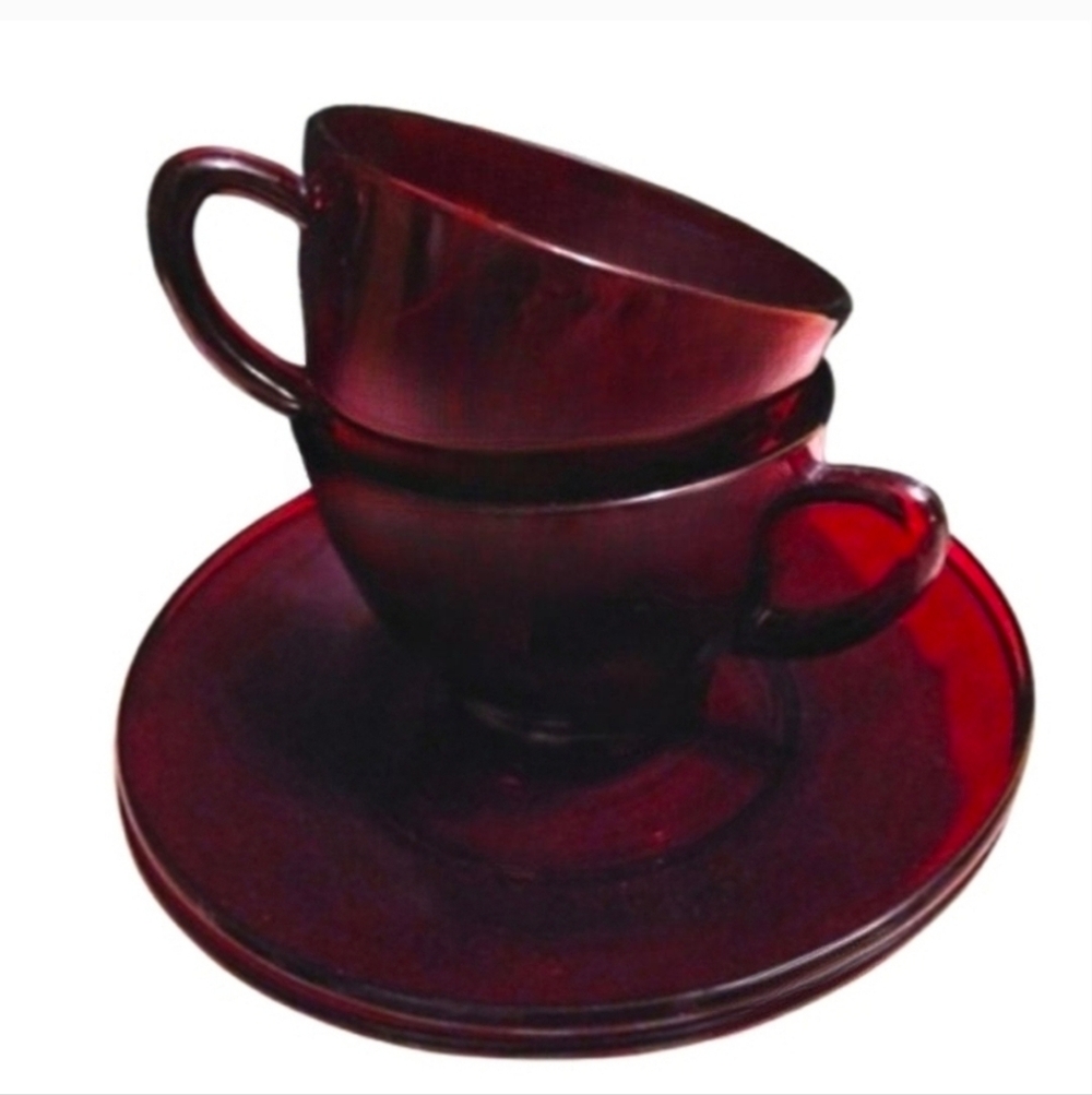 Vintage 50s Ruby Red Glass Cups Saucers Set Cafecore Tea Coffee Anchor Hocking